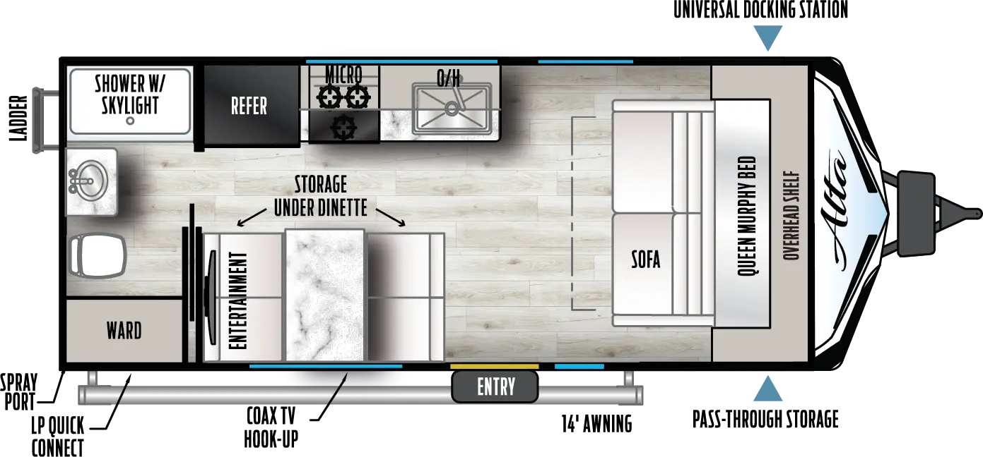 The 1600MRB has no slideouts and one entry. Exterior features include a ladder, spray port, LP quick connect, coax TV hook-up, 14 foot awning, and front pass-through storage with universal docking station. Interior layout front to back: queen murphy bed/sofa with night stands and wardrobes on each side; off-door side kitchen with overhead cabinet, microwave and refrigerator; door side entry, dinette with storage under, and entertainment above; rear full bathroom with wardrobe and shower with skylight.